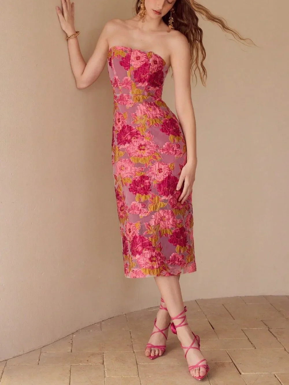 Pink Women's Premium Floral Jacquard Tube midi Dress - Picture 4 of 6